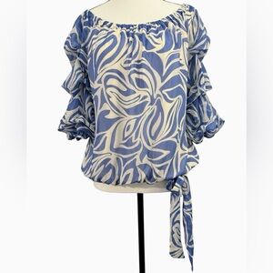 CeCe Blue & White Chiffon Women's Top with Tiered Sleeves | Size M | NWT!